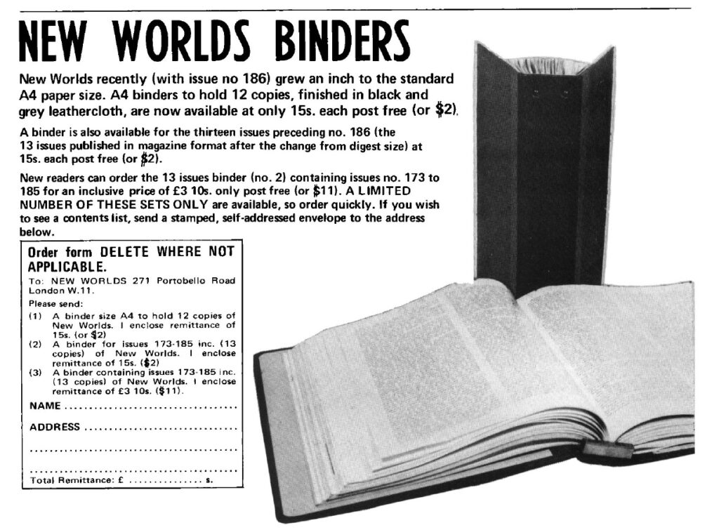 An advertisement for New Worlds binders, showing the binder, both open and closed. 