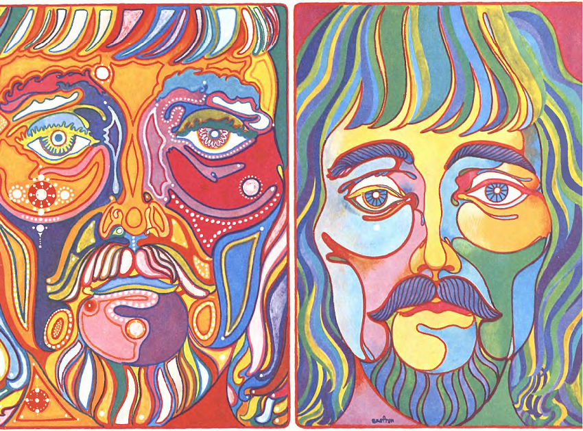 Psychedelic art - two colorful images of a young man's face.