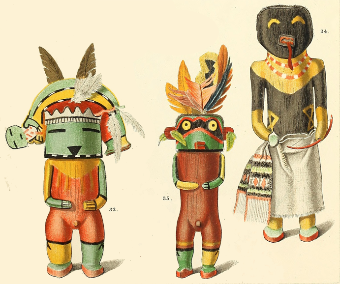 Three Zuni Kachina doll images from the 1894 anthropology book 'Dolls of the Tusayan Indians' by Jesse Walter Fewkes.