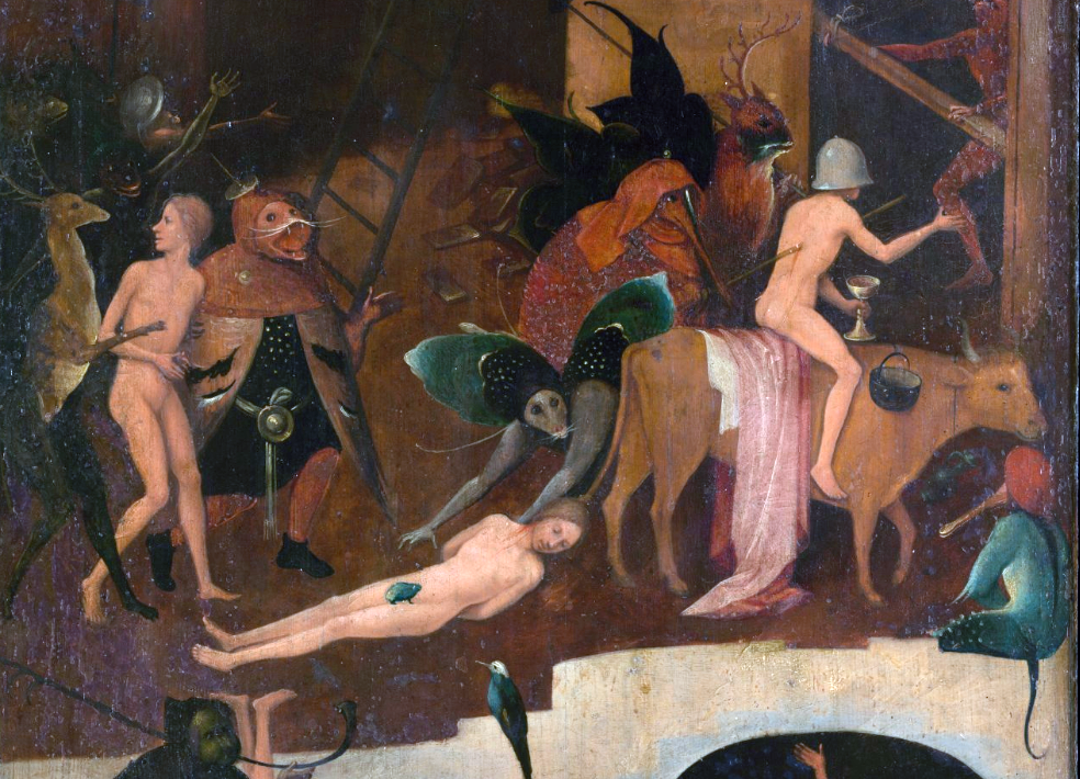 Excerpt from the Heironymous Bosch painting Haywain, showing three nude people and several animal people/creatures.