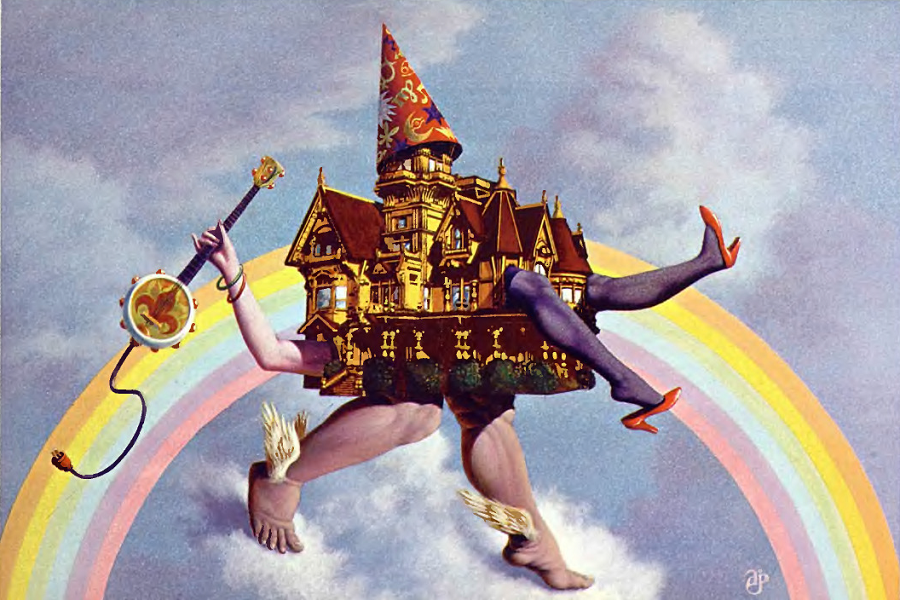 A collage of a gilded house with a man's legs with wings at the ankles; the house has a a lady's legs coming out the front windows; from the side door near the back, an arm holds a banjo. Behind the house is a rainbow and blue sky with fluffy clouds.