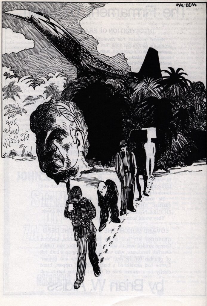 A black and white drawing of four figures walking to the foreground, emerging from a desert island. The person in front is carrying a head on a pole.