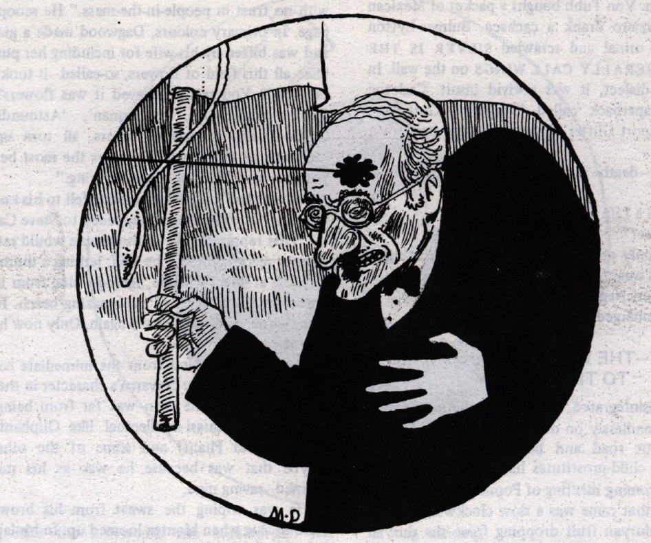 IMAGE: A black and white image drawn in a circle of an old man waving a white flag that has been shot in the head.