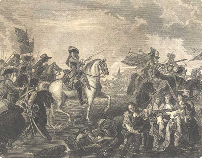 Black and White Illustration of the Battle of the Boyne, with William of Orange riding into battle on a horse