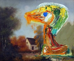 Painting: The Disquieting Duckling by Asger Jorn
Showing a pastoral watecolour which has, on top of the picture, been painted a giant duckling in children's style in a manner of rainbow colours