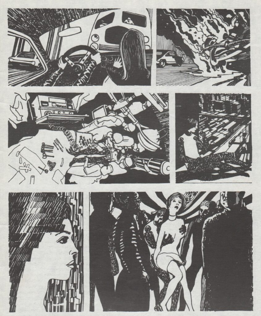 IMAGE: Six black and white drawings in a storyboard sequence, showing key aspects of the story.