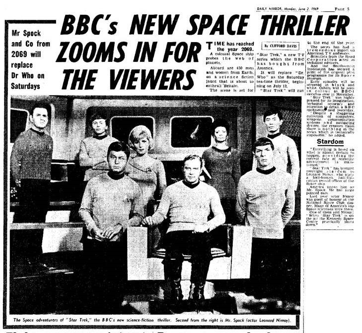 IMAGE From a newspaper with black and white photos of the Star Trek cast, saying that the series will be on national television in July.