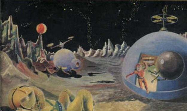 Cover of Vision of Tomorrow #1 with a colour painting of a dead man on an alien planet lying on the ground with his space helmet next to him. To the left another suited spaceman runs out whilst being watched by a floating spherical robot.