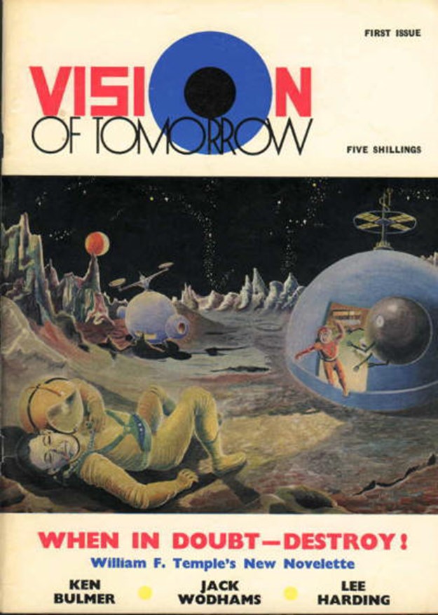 Cover of Vision of Tomorrow #1 with a colour painting of a dead man on an alien planet lying on the ground with his space helmet next to him. To the left another suited spaceman runs out whilst being watched by a floating spherical robot.