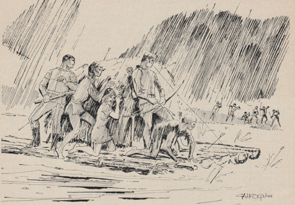 Black and white ink drawing of five people sheltering on the raft as others fire at them with bows from the riverbank.