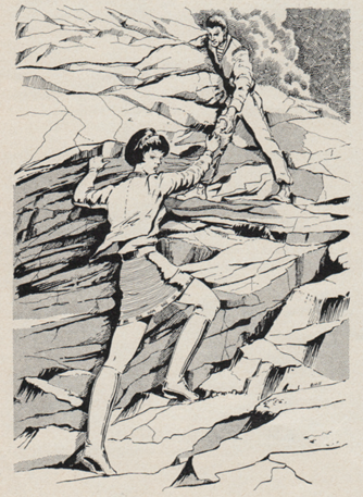 A black and white ink drawing of a man helping a young woman in climbing up rocks