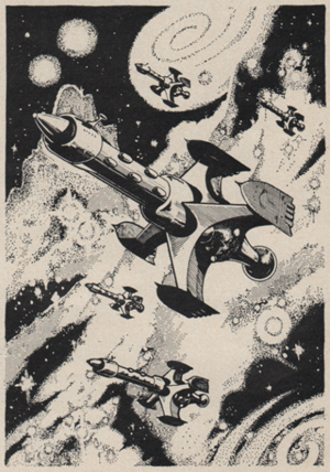 A black and white ink drawing of a fleet of rocket like spaceships against a galactic background