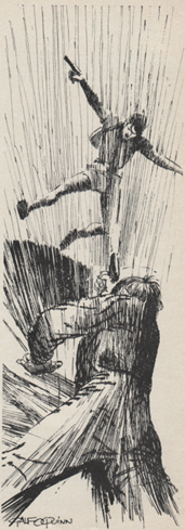 Black and white ink drawing of a one man shooting another from below with the man about to be hit has arms spread wide