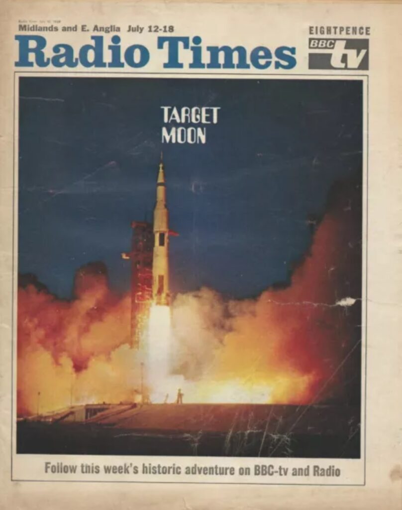 The front cover of this week's Radio Times, showing an Apollo spacecraft taking off.