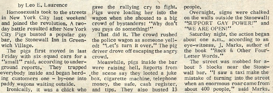 Newspaper clipping of the start of an article about the Stonewall protests, by Leo E. Laurence