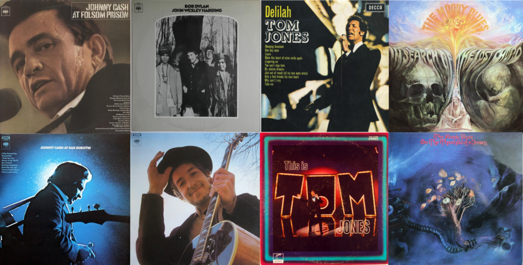 8 albums:
Johnny Cash: At Folsom Prison and At St. Quentin
Bob Dylan: John Wesley Harding and Nashville Skyline
Tom Jones: Delilah and This Is
Moody Blues: In Search of a Lost Chord and On the Threshold of a Dream