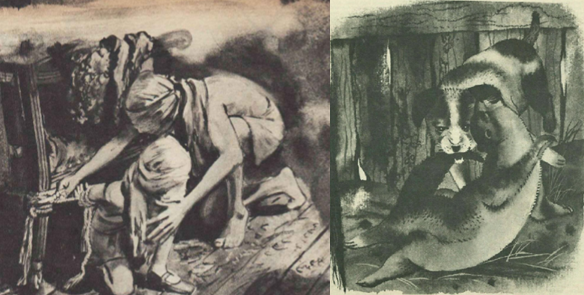 2 Black and White drawings, one of a two children sheltering from flames with clothes wrapped around their faces. The other of an otter with its tale being bitten by an otter.