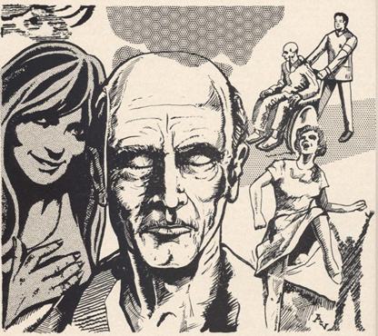 A collage of ink drawing pictures of a young woman, an old man with a thought bubble, an old man being pushed in a wheelchair, a woman with one leg up and a shadow standing with arms raised