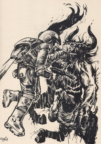 A black and white ink drawing of a spaceman fighting a minotaur like creature.