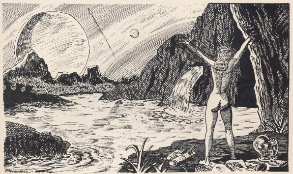 Naked Woman from behind standing in front of a river filling from a pipe, raising her arms as a planet and its moon are seen in the sky.