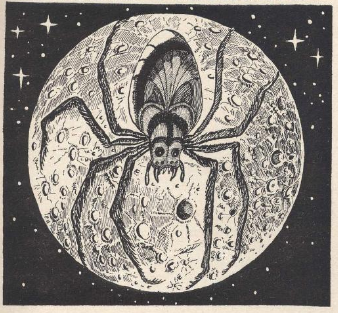 Black and white drawing of the Moon with a giant spider across it