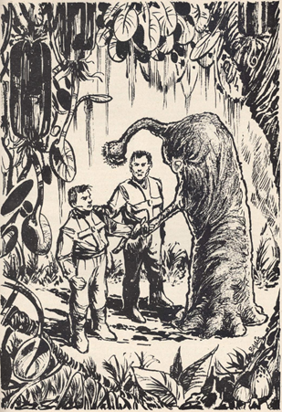 Black and white drawing of two men standing in a jungle shaking hands with a creature who resembles an elephant's leg with tentacles attached.