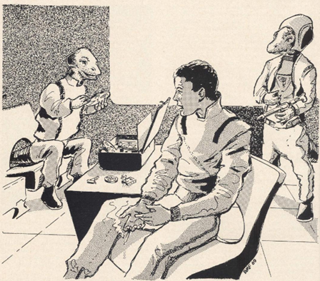 A human sits in an advanced room with lizard-like men in spacesuits