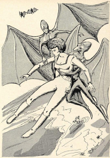 A Woman being lifted high into the sky by two creatures who resemble a cross between a human and a pterodactyl. 