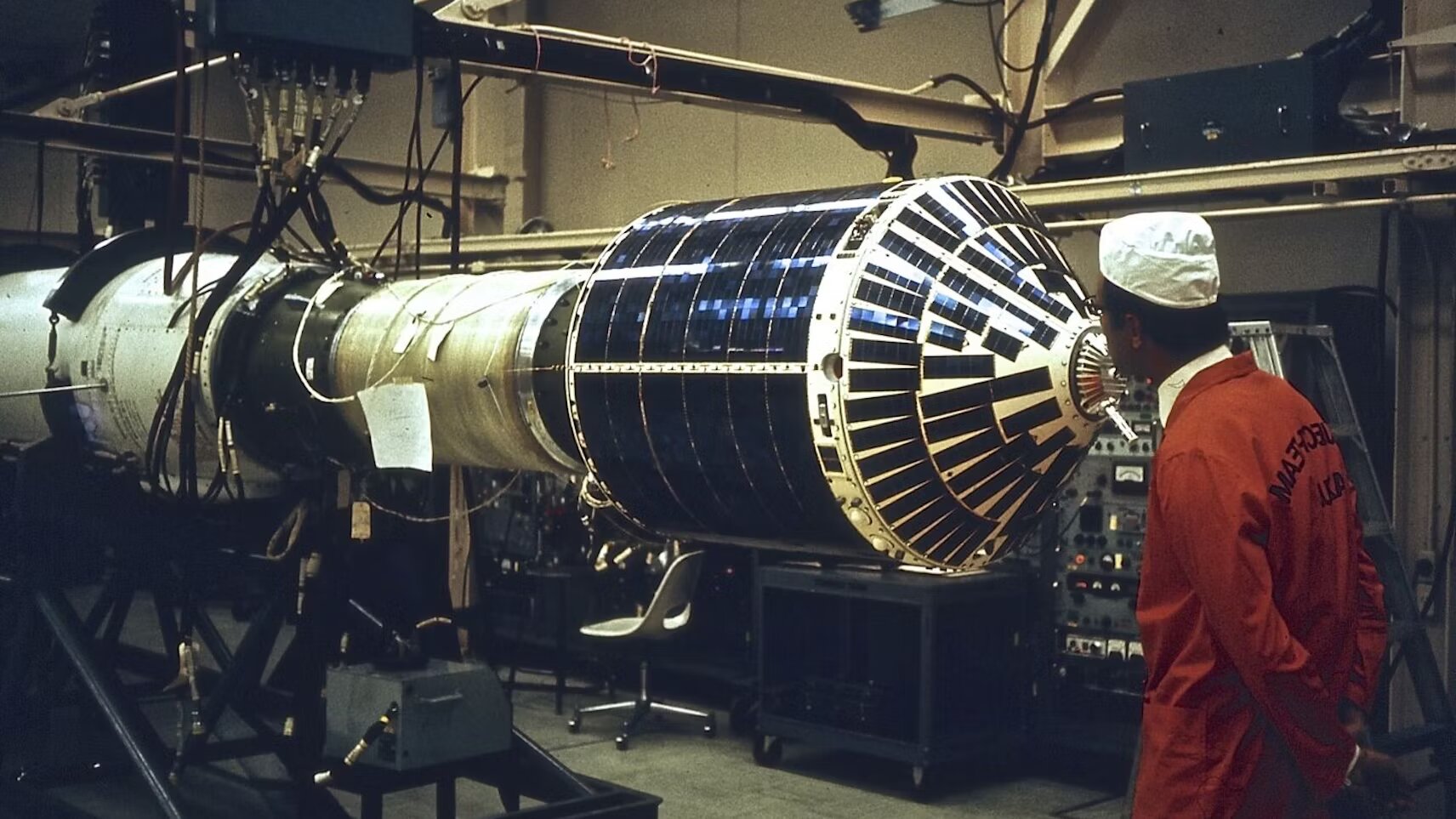 Azur satellite being fitted to a Scout-B rocket.