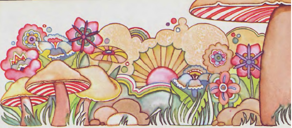 A psychedelic-pastel scene of flowers and mushrooms