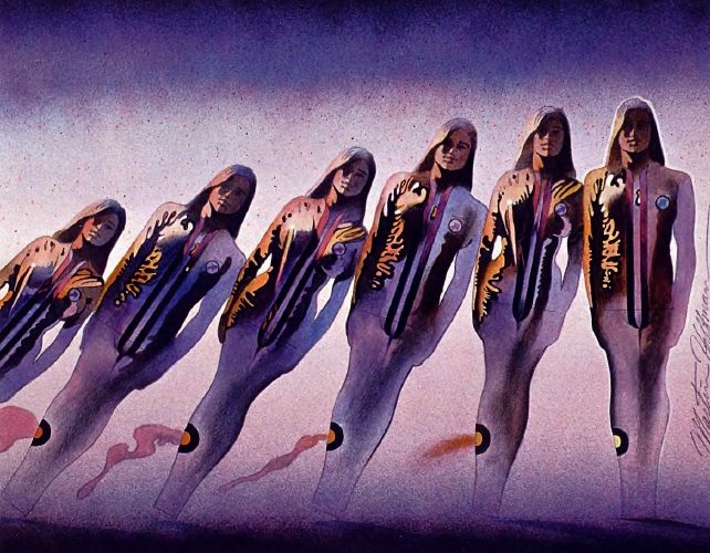 Five identical androgynous people, tilting to the right.