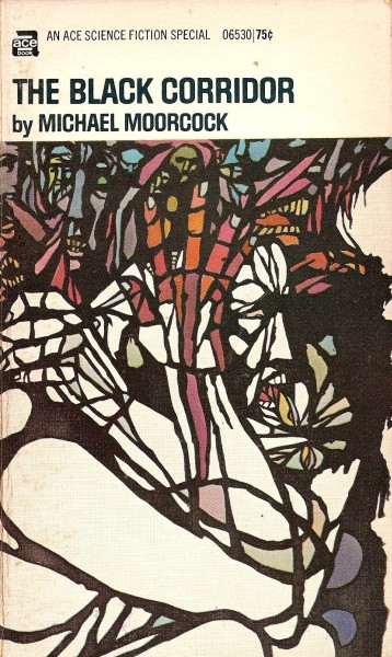 Cover of the book The Black Corridor. It shows a mosaic drawing of a human figure holding another human figure in their arms. Distorted faces in a dozen colors loom behind them.