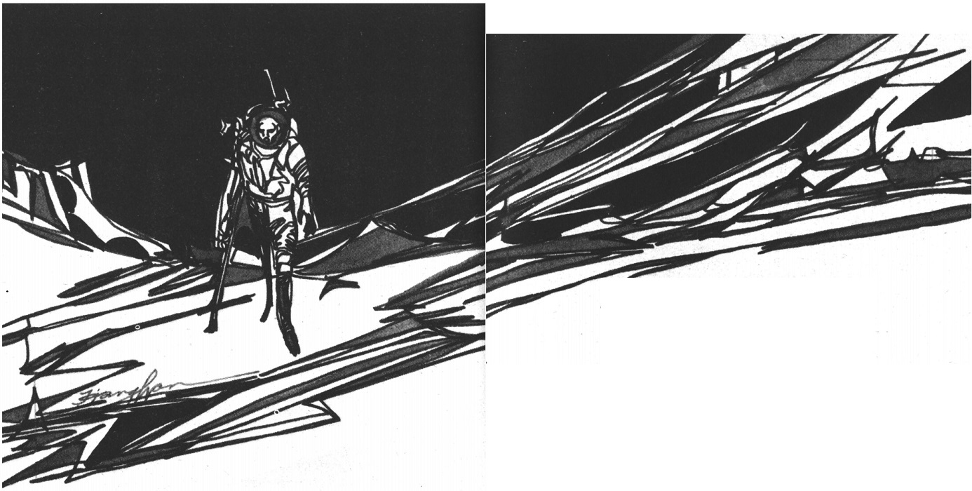 A black and white ink drawing of a person in a space suit traversing a valley amid barren, rocky terrain.