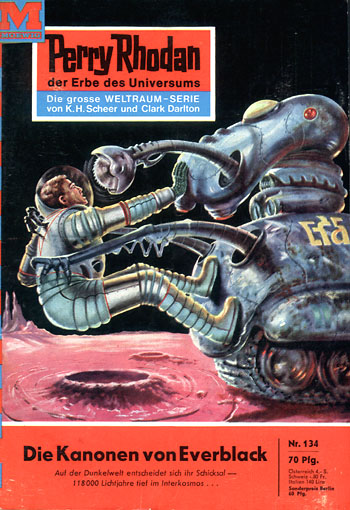 Cover of Fantastic: illustration of a spacesuited man on a pink lunar surface grappling with a blue robotic, treaded tank with a big eye stalk and two grasping tentacles.