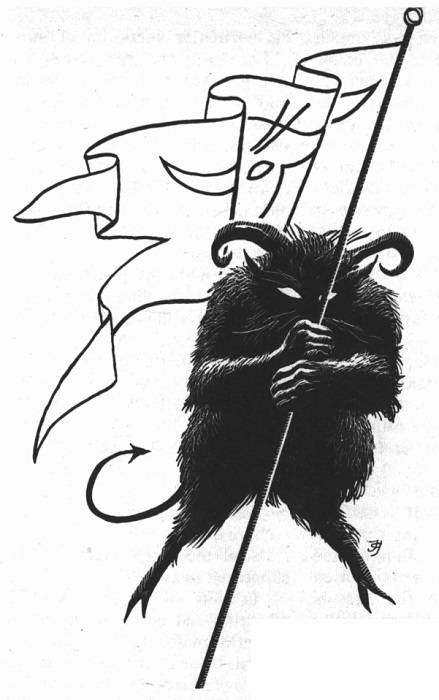 A pen and ink drawing of a hairy black demon with curling horns, cloven hooves, and a pointy tail. Its blank white eyes glare out from behind the flagpole it is clutching.  The flag appears to be a stylized line drawing of the demon's own head. 