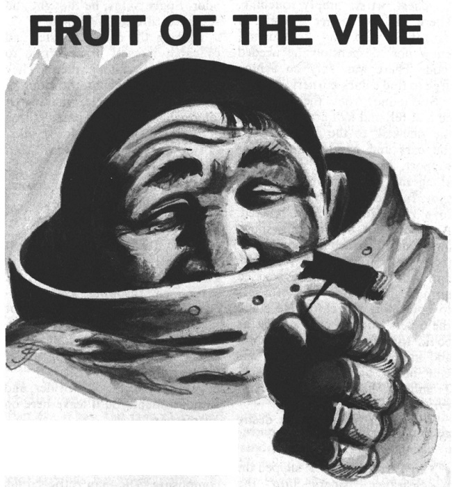 A charcoal drawing of a man in a space suit with the helmet off, such that his nose pokes out over the top of the suit collar. His eyes are crinkled as though he is smiling at what he is holding in his hand, which appers to be an hors d'oeuvre on a toothpick.