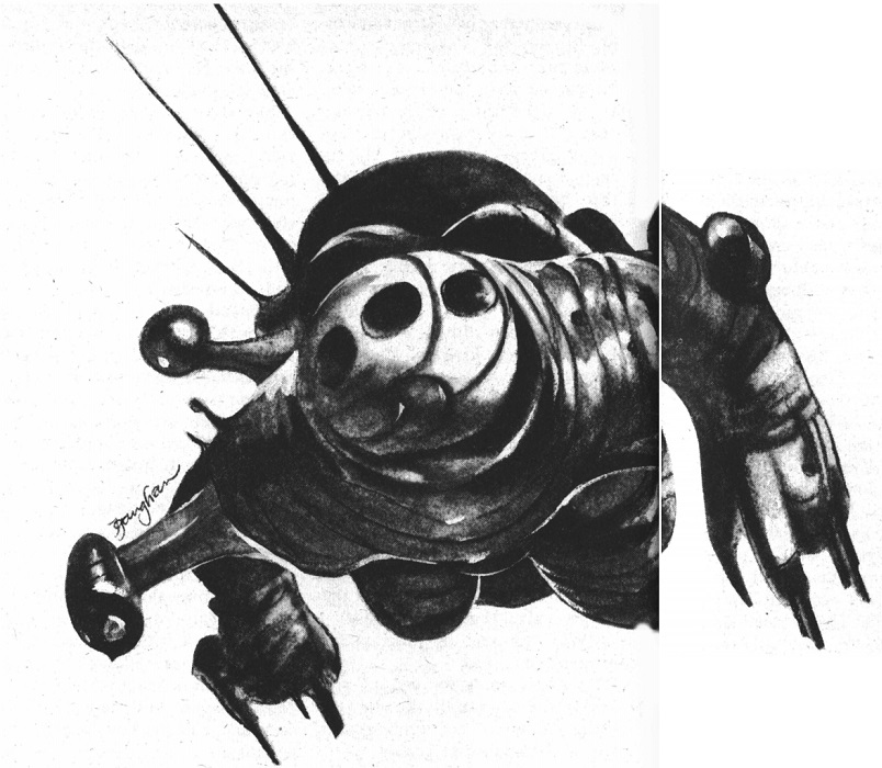 A charcoal drawing of a suit of powered armor.  It has spikes and round knobs poking out of it at various angles. It appears to be flying toward the viewer.