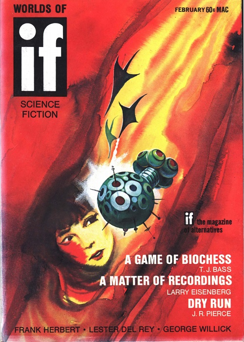 The cover painting of the February 1970 edition of IF. The background is a red wash with a streak of yellow across it.  In the center floats a gray spaceship.  Its left side is a sphere covered with circular indentations, some of which have antennae coming out. The center part is a short rod that seems to be threaded like a bolt.  Its right side is a group of spheres arranged in a circle around the end of the rod.  The spheres look like eyeballs looking out from the spaceship in all directions. Behind and to the left of the spaceship is the face of a young Asian woman, drawn to be about the same size as the spaceship.  She is facing left but looking apprehensively backward at the ship. She is lit yellow by the streak in the background.  Above her float three black manta rays.