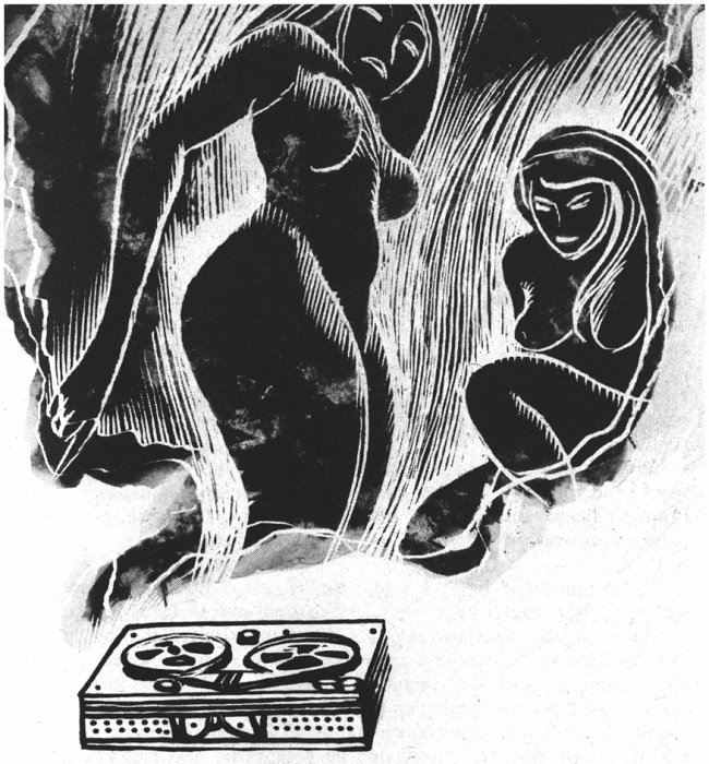 A black and white linocut print of two naked women, one standing and one seated.  They are looking suspiciously at a tape player in the foreground.