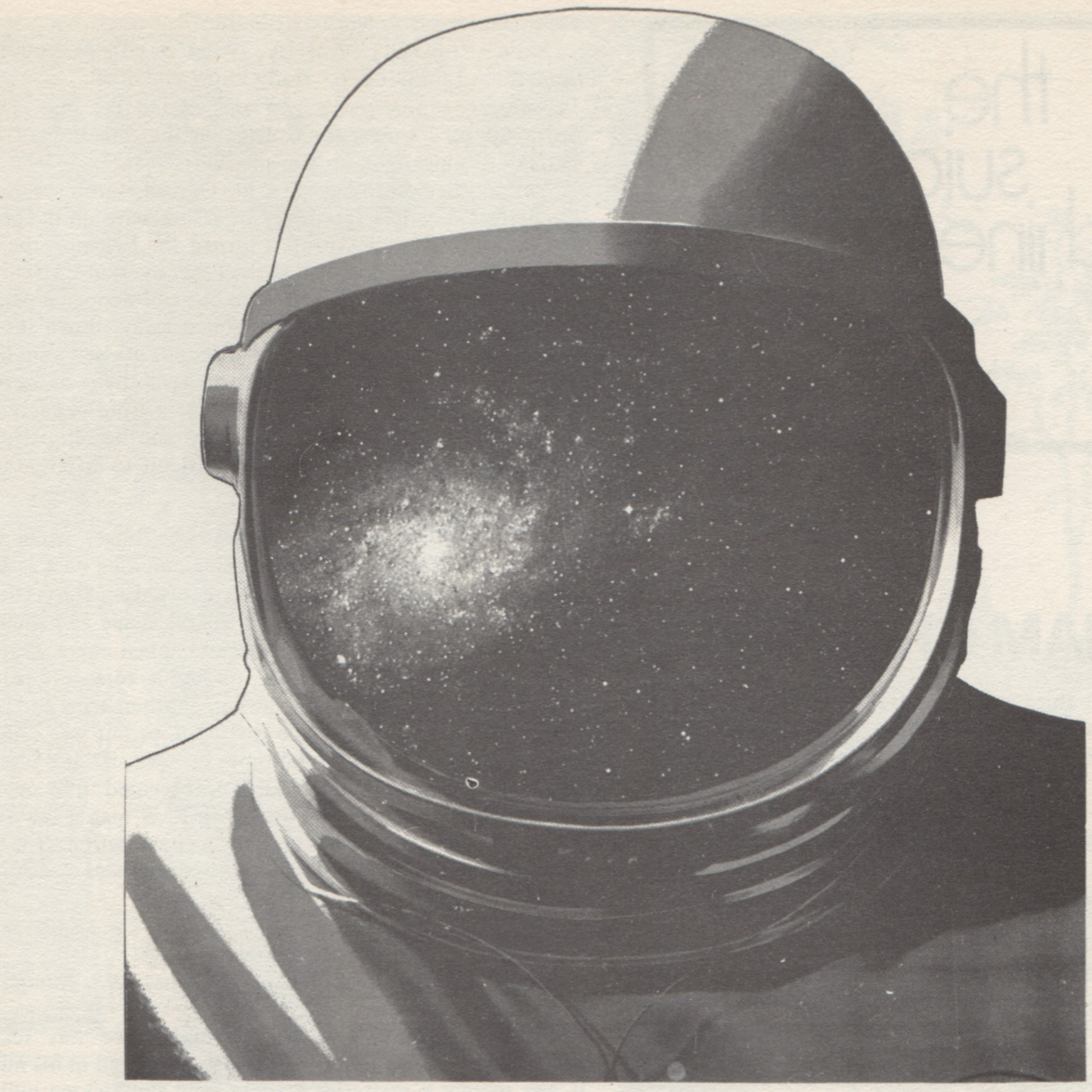 Drawing of an astronaut wearing a helmet. Stars are reflected on the helmet visor.