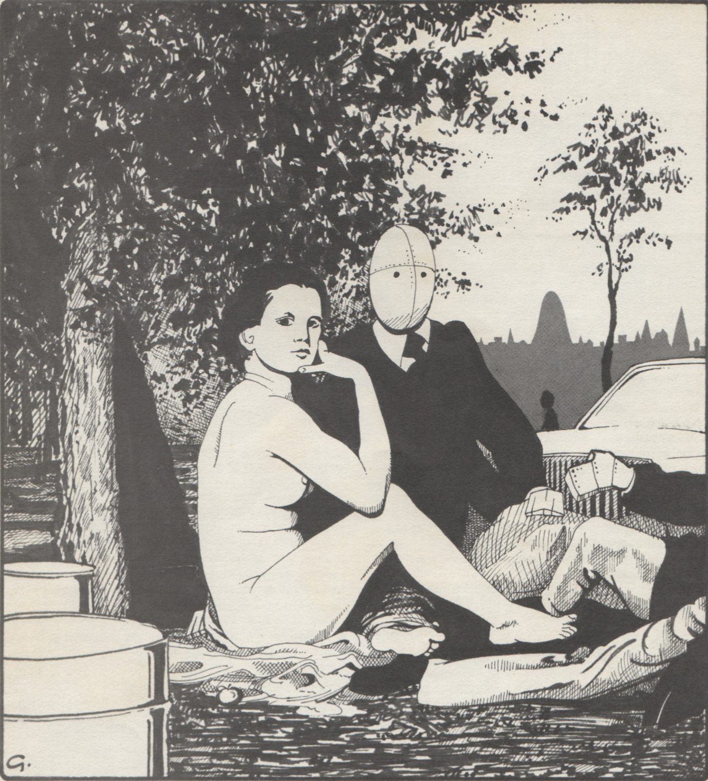 Drawing that references the sitting naked woman from the painting Luncheon on the Grass by Édouard Manet. Next to the woman sits a man in a suit and tie and only the most basic outline of a face, with two dots representing eyes.