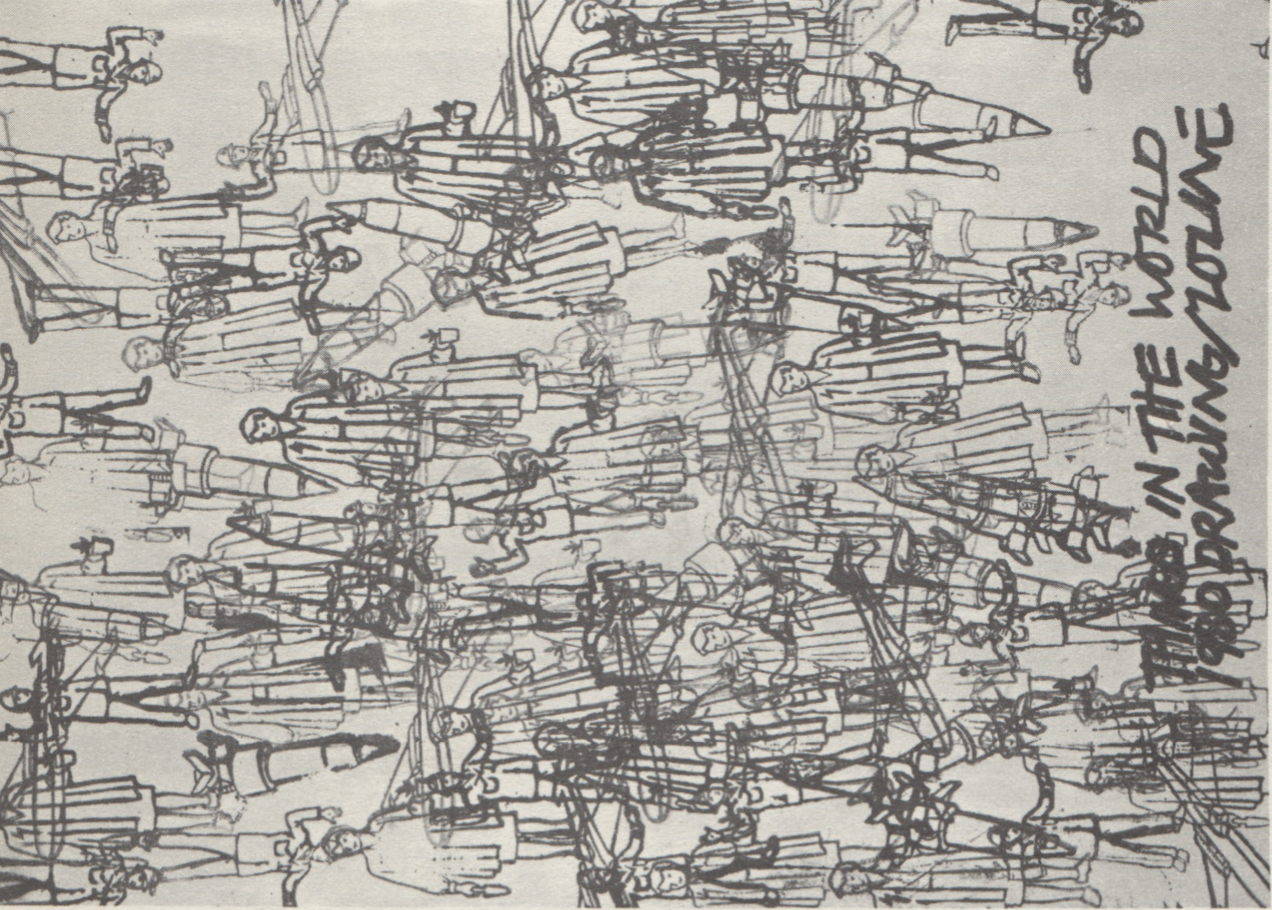 Drawing of a chaotic agglomeration of outlines of people and rockets, the rockets being of comparable size to the people. The illustration is oriented sideways. Text on the right margin says: Things in the World. 1980 Drawing, Zoline.