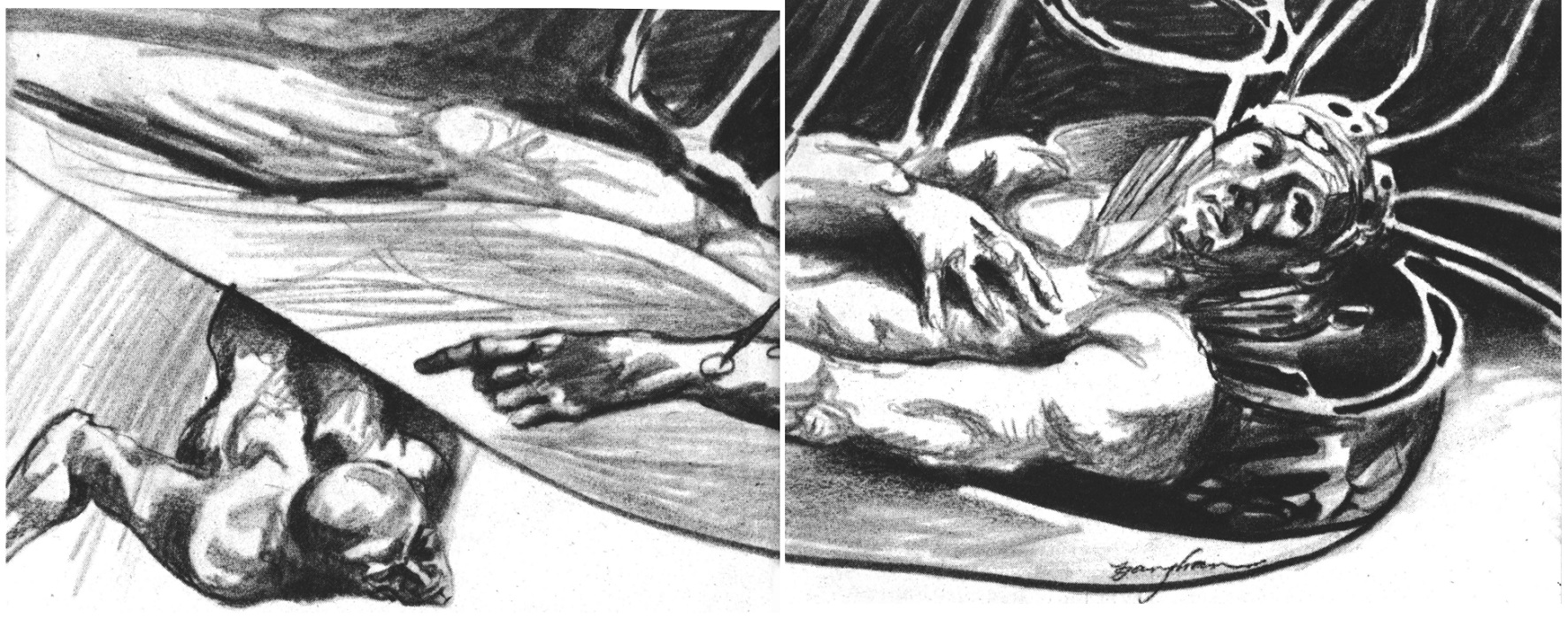 A charcoal drawing of a man lying naked in a hammock.  Wires extend from his head and body up out of the frame. He looks calmly in the direction the wires are leading.  Another naked man with a creepy expression on his face is crawling out from under the hammock.