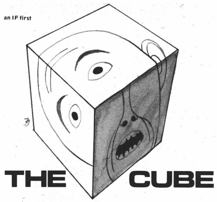 A cartoon drawing of a cube set isometrically toward the viewer.  A stylized human face is drawn across the three visible faces, with one eye in the top face, the other eye on the left face, and the nose and mouth on the right face. The face looks alarmed.