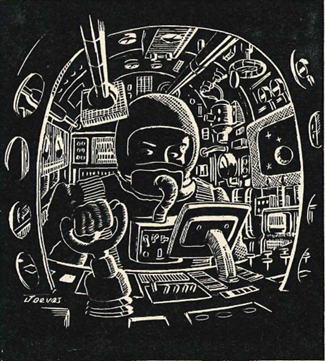 Ink illustration of white on black showing a spaceman in a tight craft surrounded by a wide array of controls.