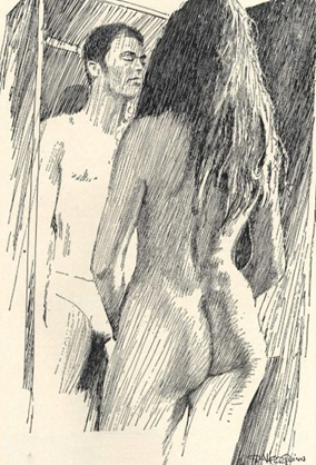 Ink illustration of Trojan Horse by E. C. Tubb, showing a naked woman inspecting a naked man in a box