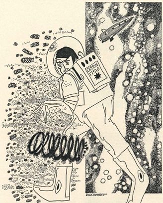 Ink illustration of Breeding Ground by Christopher Priest showing a space-suited man walking between a space scene and one filled with small hairy spirals