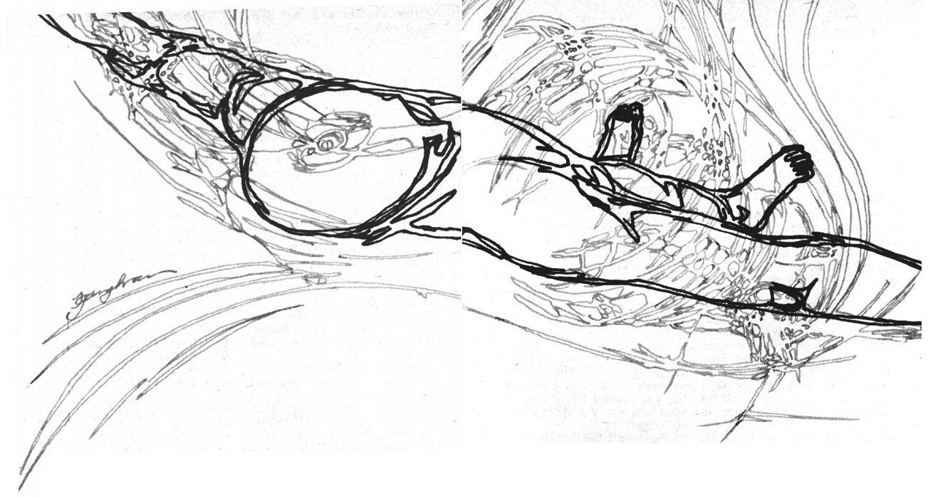 A black and white line drawing of a man lying on his back with his head toward the viewer.  His arms are flung out to the sides and extend out of the frame.  His feet are bare. Wispy gray shapes float around him.