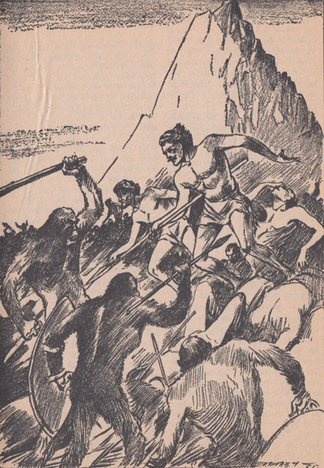 Sepia drawing by Leo Morey. It shows a prehistoric battle with spears and clubs between minimally dressed humans and apes. A steep mountain can be seen in the background.