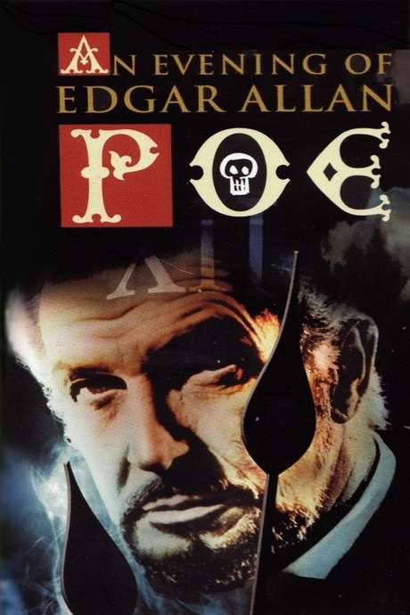 An evening of Edgar Allan Poe is written across the top of the poster in yellow capitals on a black background.  The initial A and the word 'Poe' are written in a fancier, medieval-looking font.  The A and the P are superimposed over red squares.  The O in Poe has a drawing of a skull in it. Beneath the title, a color photograph of Vincent Price looking at the camera, cut off at the forehead where it intersects the title . A clock's hands are floating in front of his face.  The Roman numeral XII is projected across his forehead.  In the background there is the ghostly silhouette of what might either be a castle or some pine trees.